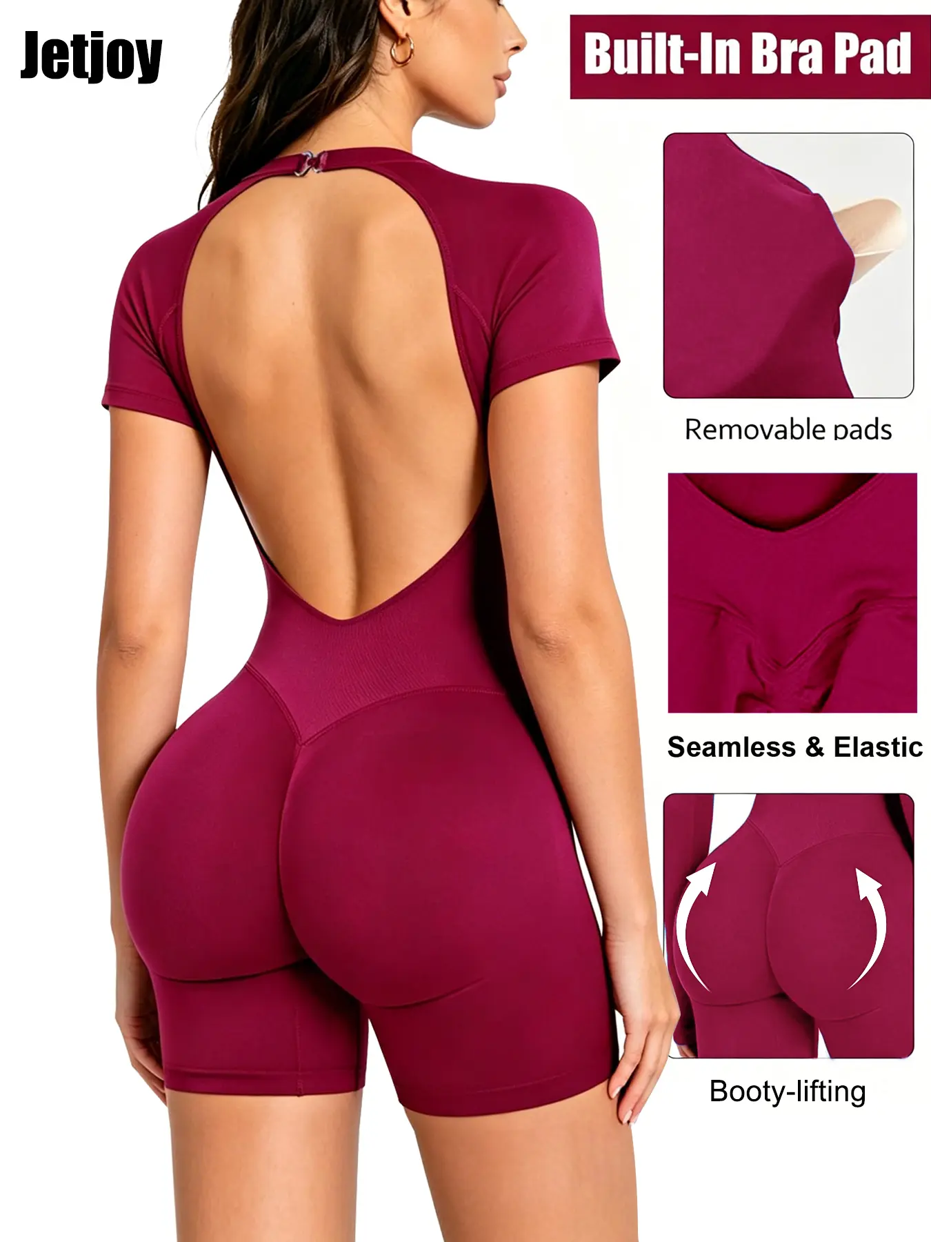 Jetjoy Women's Seamless Short-Sleeve Backless Romper – Tummy Control Compression One-Piece Jumpsuit for Workouts, Yoga, Gym, and Everyday Wear