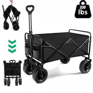Collapsible Folding Garden Cart with Brake, Utility Grocery Wagon with 360 Degree Swivel 8" Off-Road Wheels and Adjustable Handle, 330lbs Weight Capacity Park Utility Picnic Camping Cart, Black