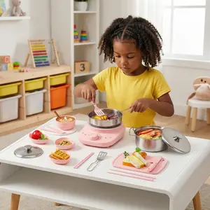 Pink Mini Real Cooking Kitchen Set, Kids Chef Pretend Play Kit With Adapter