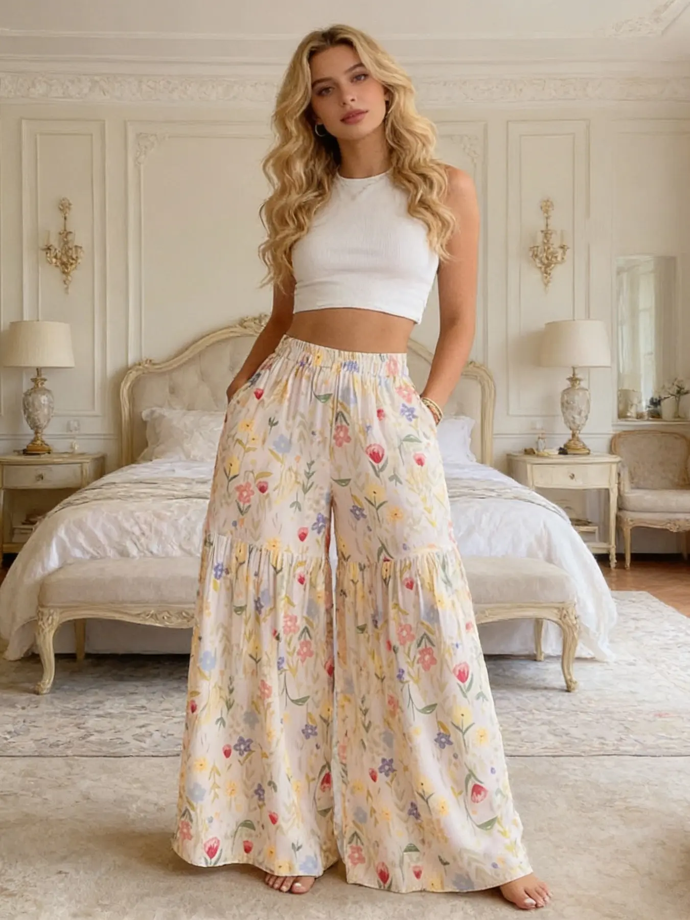 French Countryside Floral Leopard Print Wide Leg Boho Pants, High Waist Pleated Swing Pants with Pockets, Breathable Casual Loose Fit Elegant Bohemian