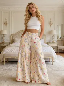 French Countryside Floral Leopard Print Wide Leg Pants, High Waist Pleated Swing Pants with Pockets, Breathable Casual Loose Fit