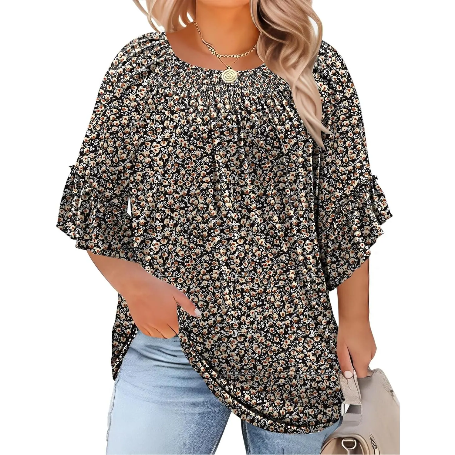 Womens Plus Size Tops 3/4 Ruffle Sleeve Shirts Crewneck Pleated Blouses Dressy Casual Fashion Tunic Top (1X-5X)