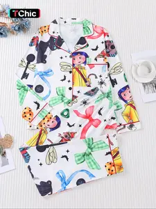 2 pieces of women's Halloween blue hair girl bow, black cat, spider graphic print, knit long sleeved pants, pajamas set, Nightwear, Pjs, top pocket suitable for all seasons, comfortable, Fitted, casual home wear Loungewear