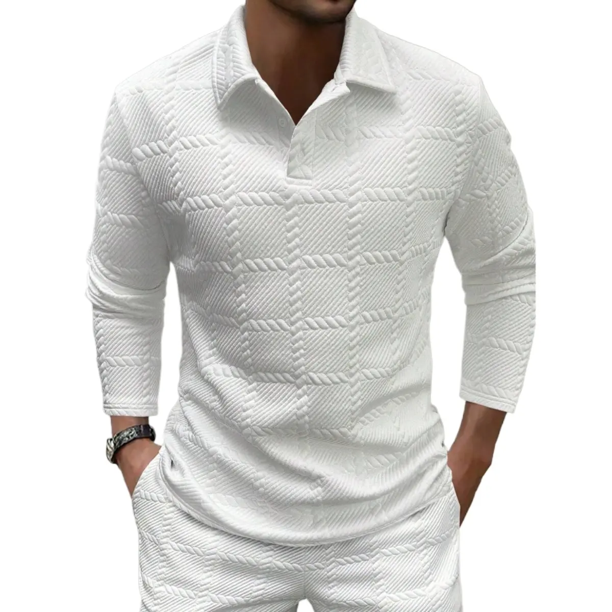 Men's Tropical Polo Shirt, Fitted Long-Sleeve V-Neck Top with a Textured Weave, Casual Sporty Spring-Autumn Style, Stylish, Polyester, Versatile Colors