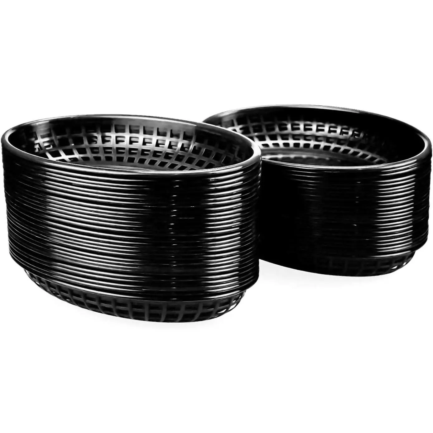 50 Pack Black Oval Fast Food Baskets, Food Serving Tray for Sandwiches, Burgers, Nachos, Fries, Hot Corn Dogs, Plastic Storage Basket Bin, 8-7/8 x 5-5/8 Inches