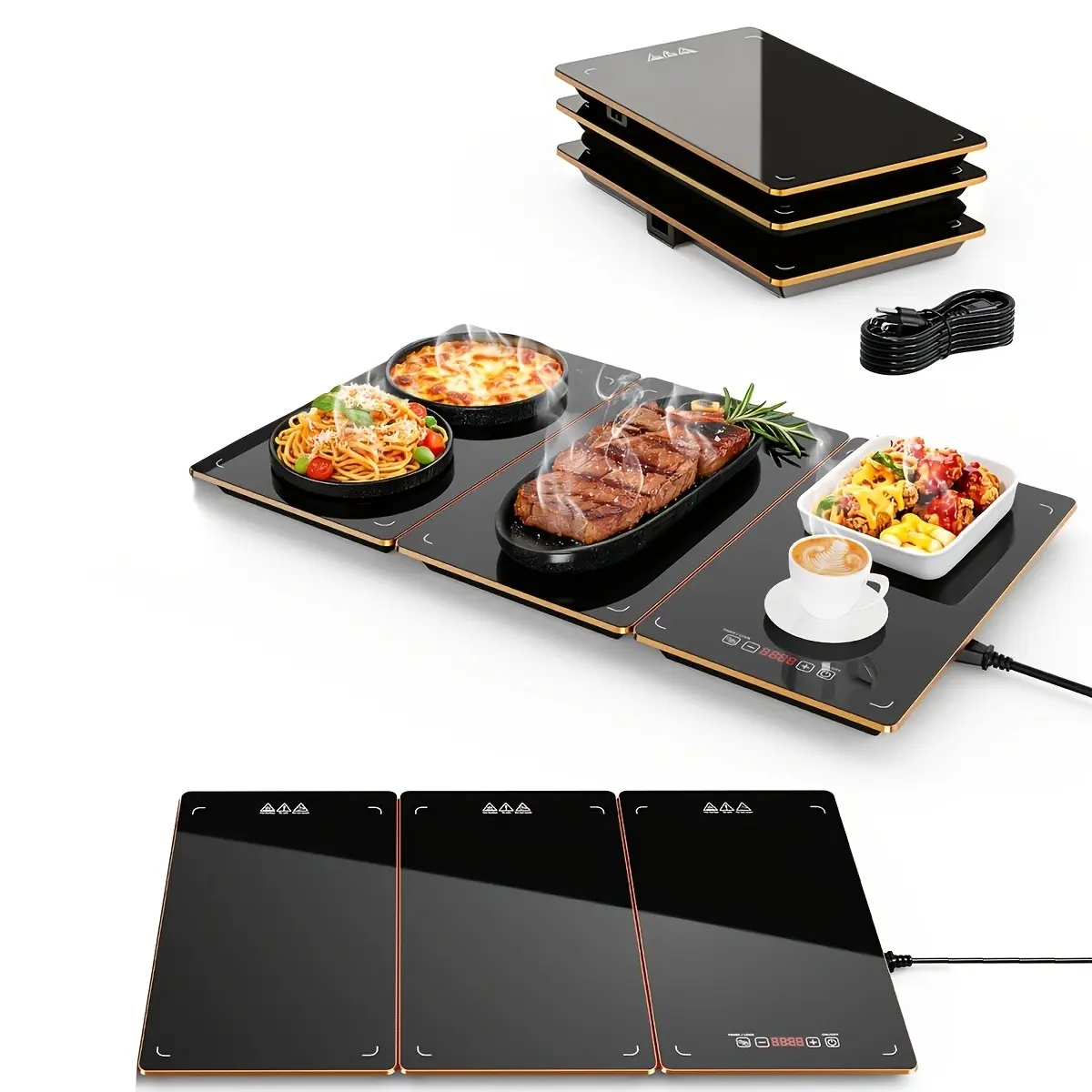 Food Warming Mat, 3/4/5-in-1 Electric Warming Tray,Heating Plate ，Ultra Thin Working Tempered Glass Panel for Keeping Food Hot, Portable Warmer for Parties Holiday Dinners