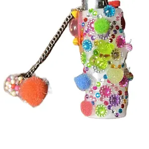 Vivid Colored Themed Junkie Lighter Crafted by Hand with Colorful Decorations and Pom Pom Charm