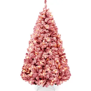 Best Choice Products Pre-Lit Red Christmas Pine Tree w/ Flocked Branches, Warm-White Lights