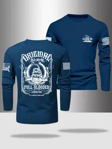 Men's Long Sleeve Round Neck T-Shirt, Activewear T Shirt, Athletic Letter Print, Polyester Fabric, Slight Stretch, Casual Fit for Spring & Outdoor Sports