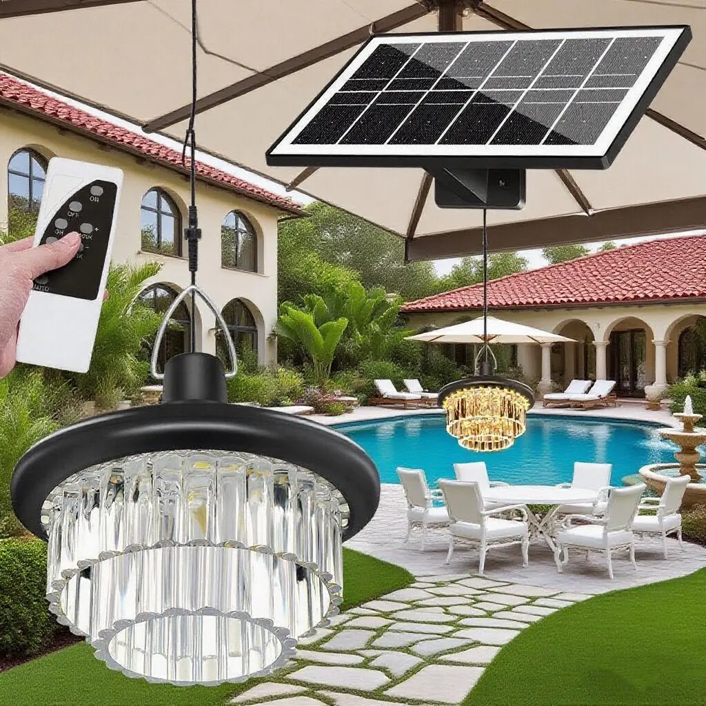 222 LED(111 Warm&111 White) Outdoor Solar Crystal Chandelier Pendant Light With Auto Timing Mode&Remote Control, IP65 Waterproof, 2700k-6500k Color Temperature Hanging Lamp For Poolside Garden Garage Patio Pathway Party Balcony Porch Deck House Home