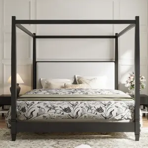 King Size Modern Upholstered Canopy Bed Frame, Striking Two-Tone Design with Plush Padded Headboard for Living Space, Sturdy Wood Slat Support, No Box Spring Needed, Easy Assembly, Black