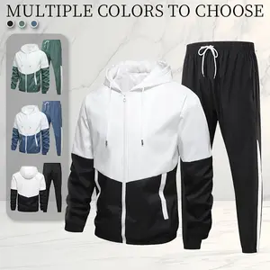 Color block hooded men's sports suit, trendy casual style clothing, the hooded design is very fashionable, suitable for daily outings and exercise workouts, comfortable and stylish