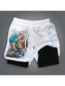 Men's Blue Anime Warrior 2-In-1 Gym Shorts, Athletic Shorts, Fitness Training Shorts, Sporty Loose-Fitting Graphic Pants, Casual Wear