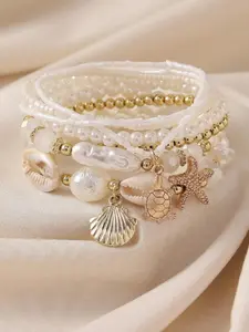 Boho Style Shell & Starfish & Faux Pearl Decor Stackable Bracelet, Stacking Bracelet, Fashion Jewelry for Party, Daily Clothing Decor, Jewelry for Birthday Gift