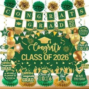 Green Gold Graduation Decorations Class of 2026 Congrats Grad 2026 Banner and Backdrop with 2026 Graduate Party Centerpieces Hanging Swirls Streamers Tissue Pom Poms Paper Flower Set
