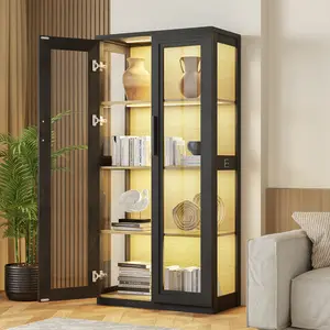 MIIFUNY Display Cabinet with Glass Doors, 65" Curio Cabinet with 4 Shelves, Bookcase with 3 Color LED Lights and Human Body Sensing, China Storage Cabinet for Living Room, Bedroom, Office (Black)