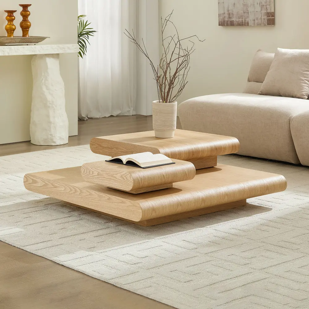 3-Piece Stackable Modular Coffee Table - 3 Blocks, Natural Wood Veneer, Modern MDF Square, 39.37in No-Assembly Indoor Living Room Sofa Front Furniture