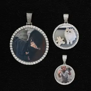 [ICE HUE] 18K Gold Vacuum Plated Copper Round Photo Pendant Necklace with 5A+ Sri Lanka Zircon, Rhinestone Accents, DIY Custom Memory Design, Miami-Italy-Mexico & Micro Inspired, Luxury Costume Jewelry for Women, Daily Wear Gift Idea