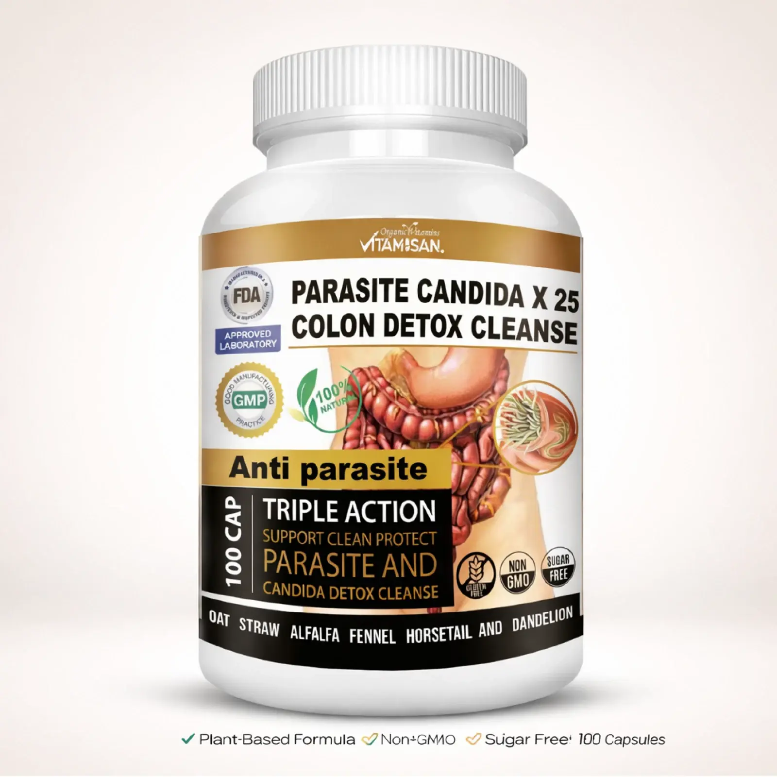 Colon Detox Cleanse Parasite Candida 100 Capsules Natural Herbal Supplement