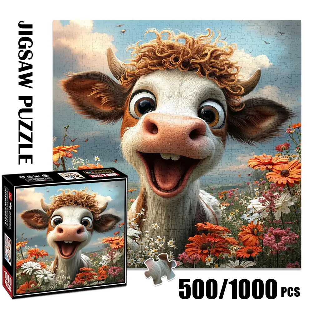 1pc 1000 piece adult Jigsaw Puzzle 58x58cm Cute Cow with Curly Hair in a Flower - Filled Field 500 pieces of paper puzzle, suitable for adults and families, Art Puzzles Gift, large-scale DIY puzzle interactive toy games