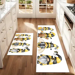 2Pcs Summer Bee Dwarf Thanksgiving Floor Mat Set Kitchen Rug Kitchen Dining Room Home Sink Laundry Room Decor Carpet Mat