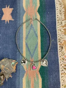 Handmade Sterling Silver White Buffalo with Hot Pink Beaded Heart Necklace "Signed Nizhoni"