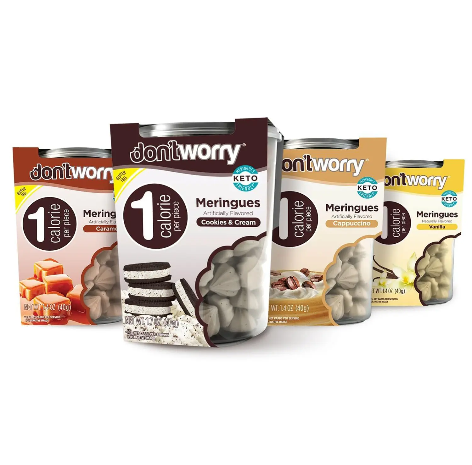 Don't Worry Meringue Cookies, Caramel, Cookies & Cream, Cappuccino, Vanilla