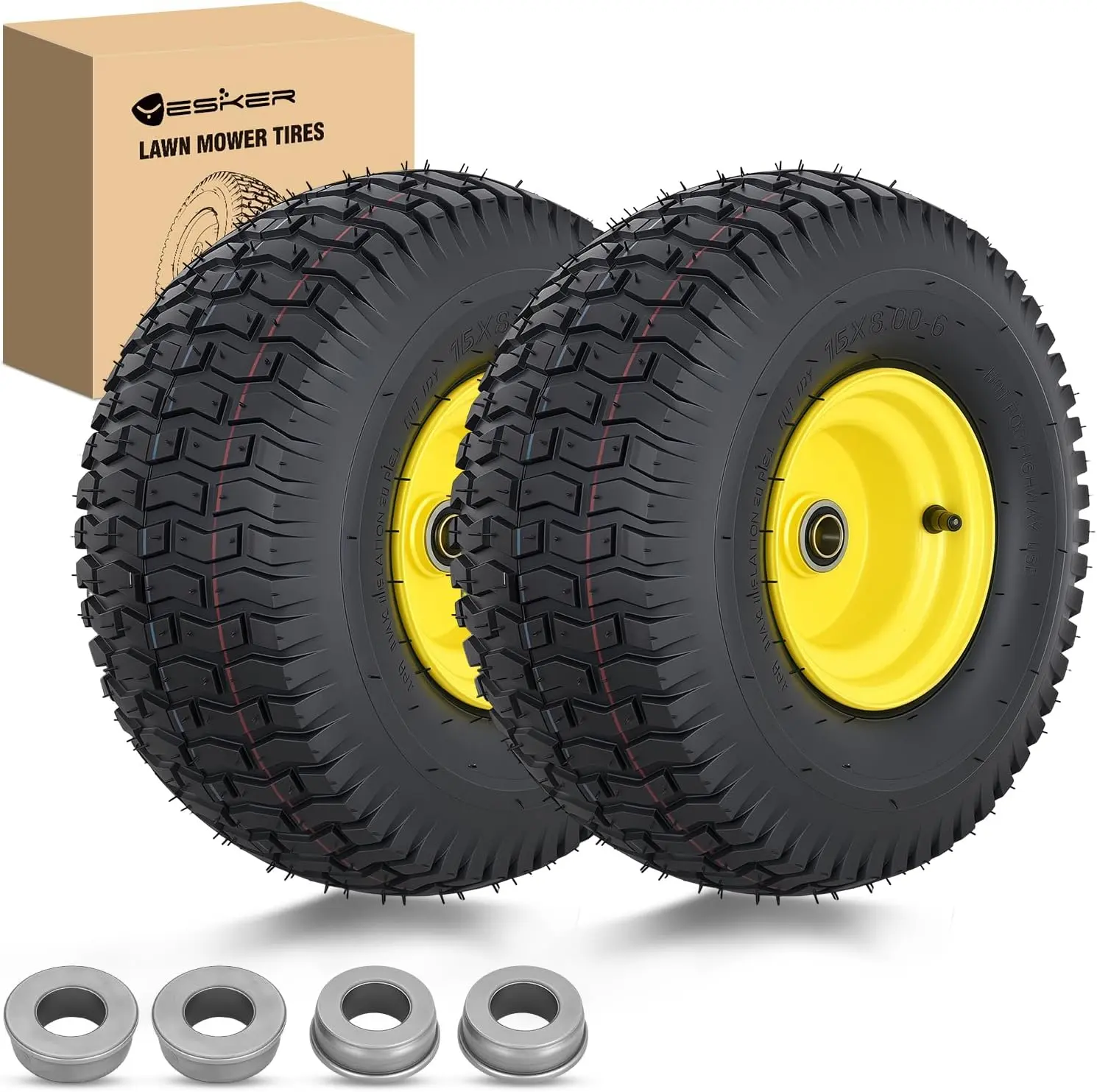 Yesker 2-Pack 15x6.00-6 Rubber Pneumatic Lawn Mower Replacement Wheels, 3/4" Axle Bore, 3" Hub Length, Wide Tread, Reduces Vibration, High Load Capacity, Smooth Rolling for Riding Lawn Mowers