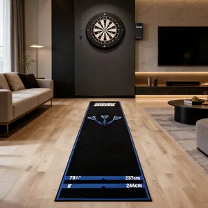 Professional darts mat with official throwing lines, non-slip rubber base for floor protection, suitable for home game rooms, easy-to-roll soft dartboard rug, heavy-duty practice accessories, Darts Gear.
