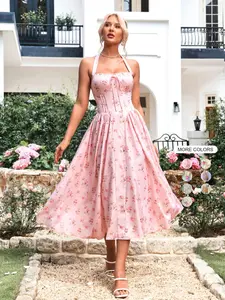 Women's Ditsy Floral Print Ruched Shirred Tie Back Halter Dress, Elegant Fashion Casual Backless A Line Midi Dress for Daily Outdoor Wear, Women Dress for Summer