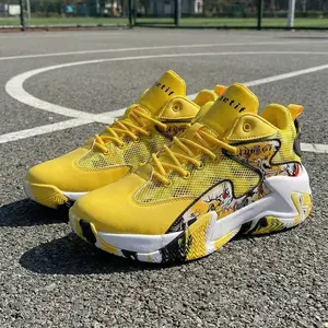 Men's Bold Yellow Graffiti High-Top Basketball Sneakers - Shock-Absorbing Rebound Athletic Shoes with Non-Slip Wear-Resistant Outsole, Breathable Lace-Up Training Footwear for Gym, Running & Streetwear Style