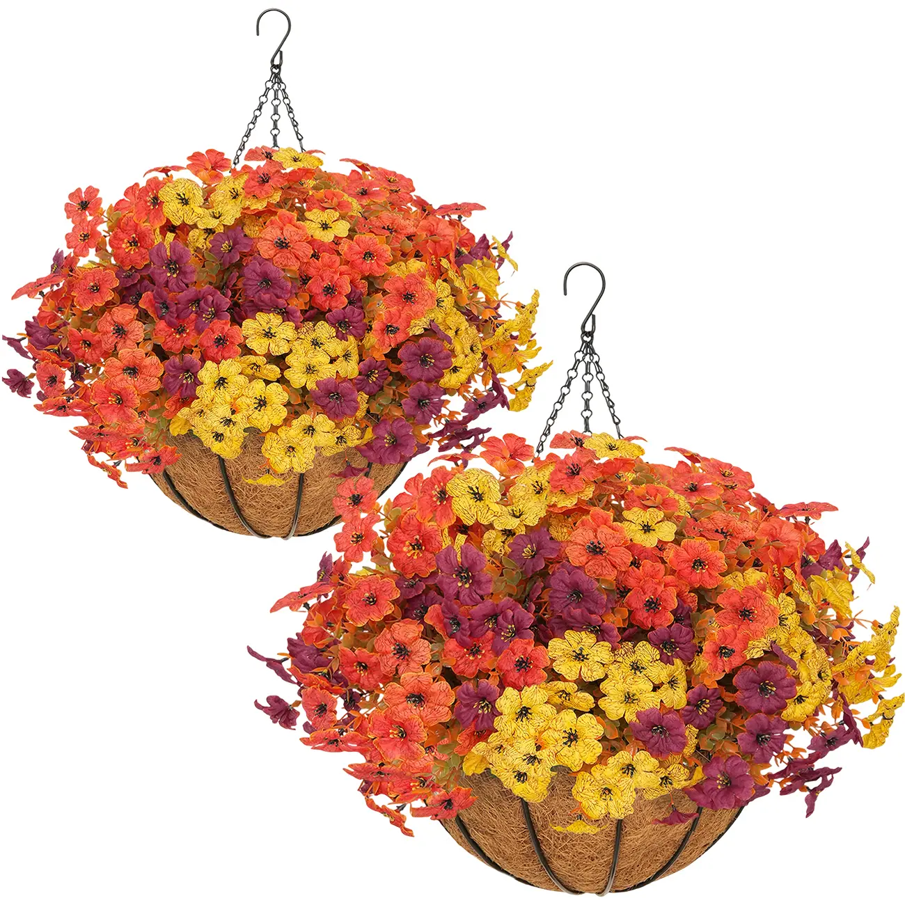 2pcs Artificial Hanging Flowers Baskets with 24 Realistic Daisies & Eucalyptus - UV-Resistant Outdoor/Indoor Fall Decor for Porch, Patio, Balcony, Yard - Includes Hanging Baskets & Greenery
