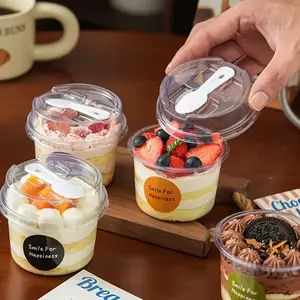 25/50 Sets Round Transparent Plastic Lidded Spoon Packaging Box, Ideal for Cookies, Fruit Ice Cream, Mousse Cake, Yogurt Cups，Reusable Transparent Dessert Cups for  Party Wedding Season Use