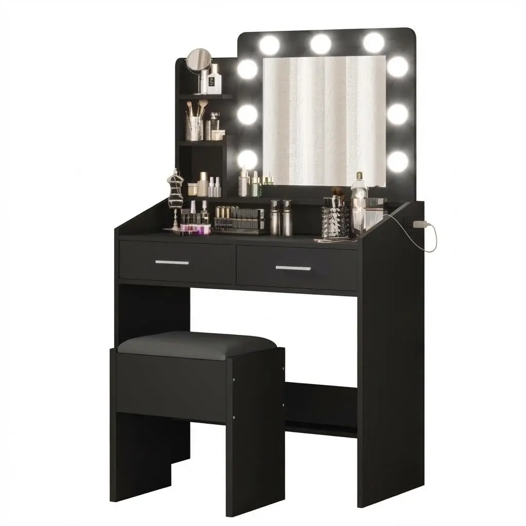 Garvee Makeup Vanity Furniture Set - Compact & Bright LED Lighted Mirror (3 Color Modes, Dimmable Bulbs), Built-in Power Outlets & USB Ports, 2 Drawers, 3 Open Shelves, Cushioned Stool, Hairdryer Holder, Black