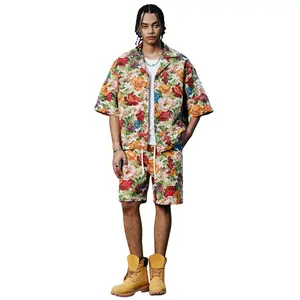 Menswear 2-Piece Retro Oil Painting Floral Jacquard Short-Sleeve Shirt and Shorts Set, Loose, Breathable, Skin-Friendly, Street Fashion Style, Casual Versatile for Everyday Wear and Multi-Occasion Use, Shortsleeve Design