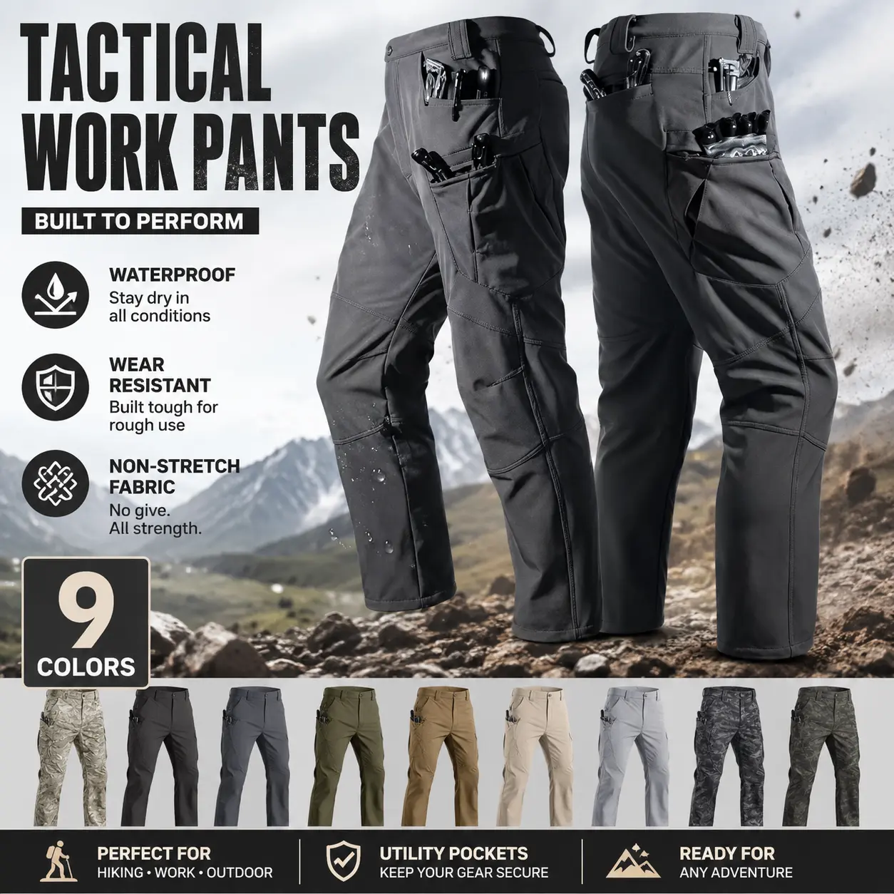 Men’s tactical pants made from waterproof, non-stretch fabric; single-piece pack; durable hardshell construction; wear-resistant cargo pants with a plaid pattern; suitable for hiking, casual wear, and work; multi-pocket design (belt not included).