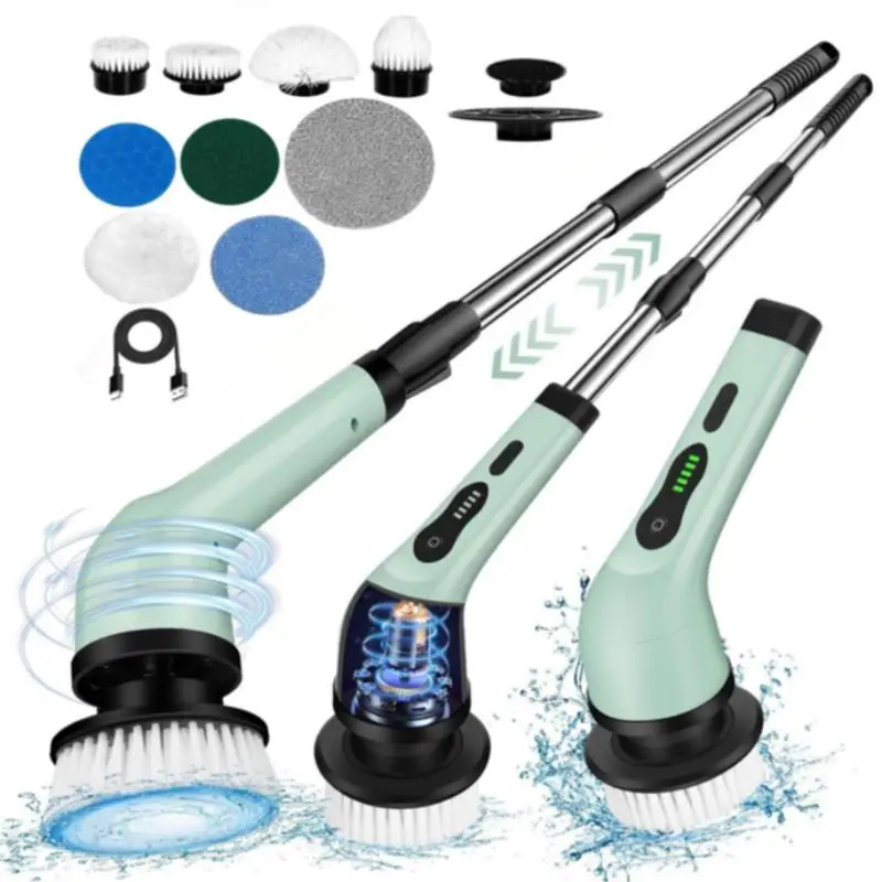 Electric Spin Scrubber, 1 Set Electric Cleaning Brush with 9 Replacement Heads & Removable Telescopic Pole, Household Cleaning Tool for Bathroom, Kitc