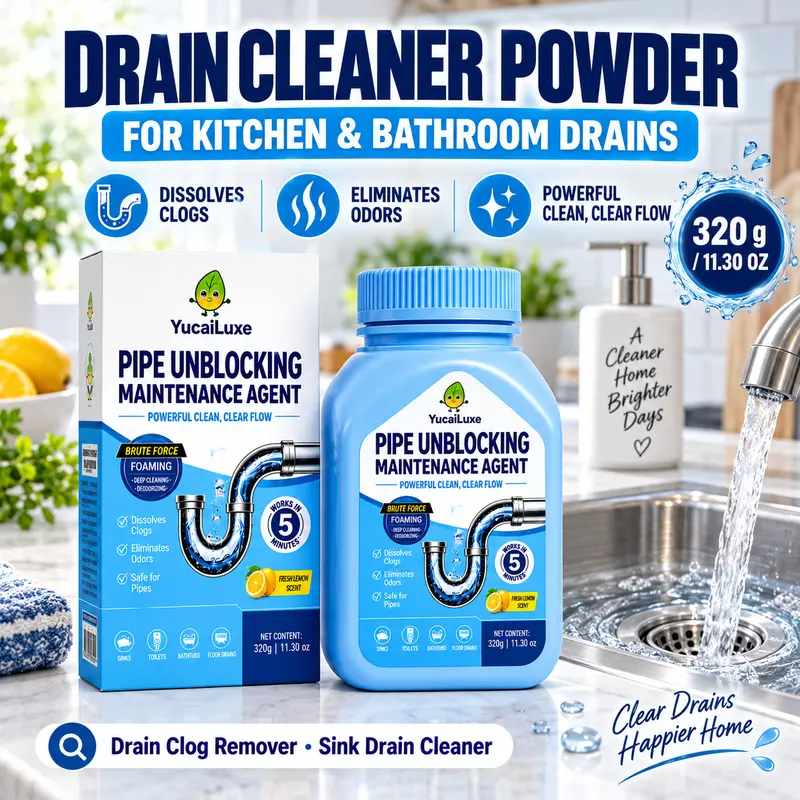 YucaiLuxe 320g Fast-Acting Drain Cleaner Powder - Essential Cleaning Product, Household Item with Lemon Tang, Drain Opener for Kitchen & Bathroom Sinks, Breaks Down Hair, Grease, Soap, Food Buildup