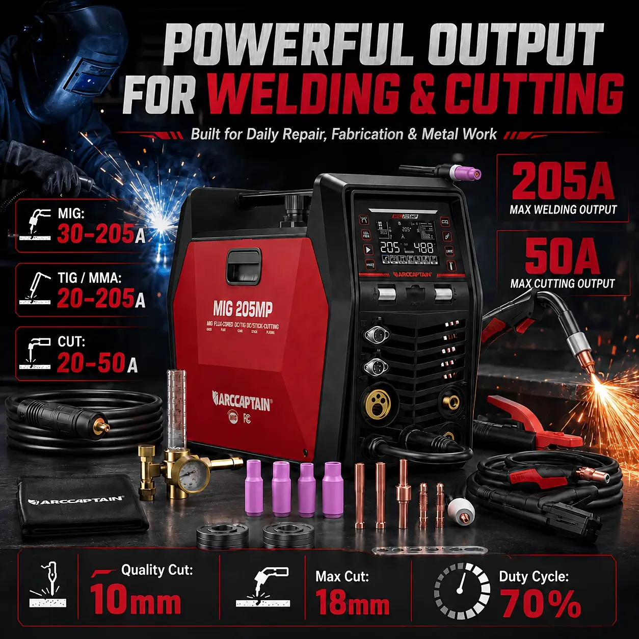 205A 9-In-1 MIG Welder & Plasma Cutter Combo, Multi-Process Welding Machine with Large LED Display, Gas/Flux Core MIG, Hf/Lift TIG, Stick MMA, Spot, Clean, 120V/240V Dual Voltage Welder Kit