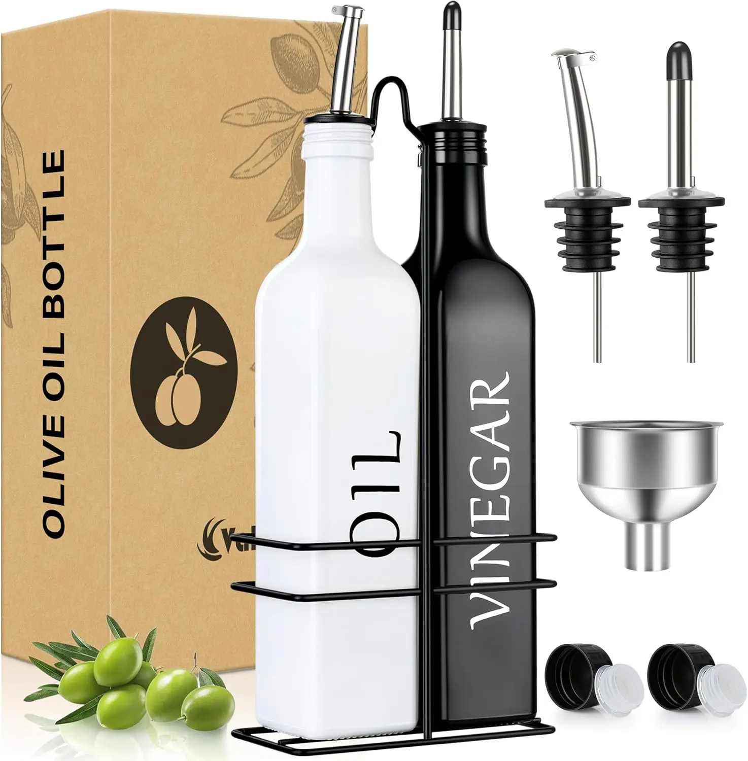 Oil & Vinegar Dispenser Set 2 Black & White 500ml Stainless Steel Spouts Modern Kitchen Utensils Functional Stylish 6.7"x10.5" Practical Bottles Container
