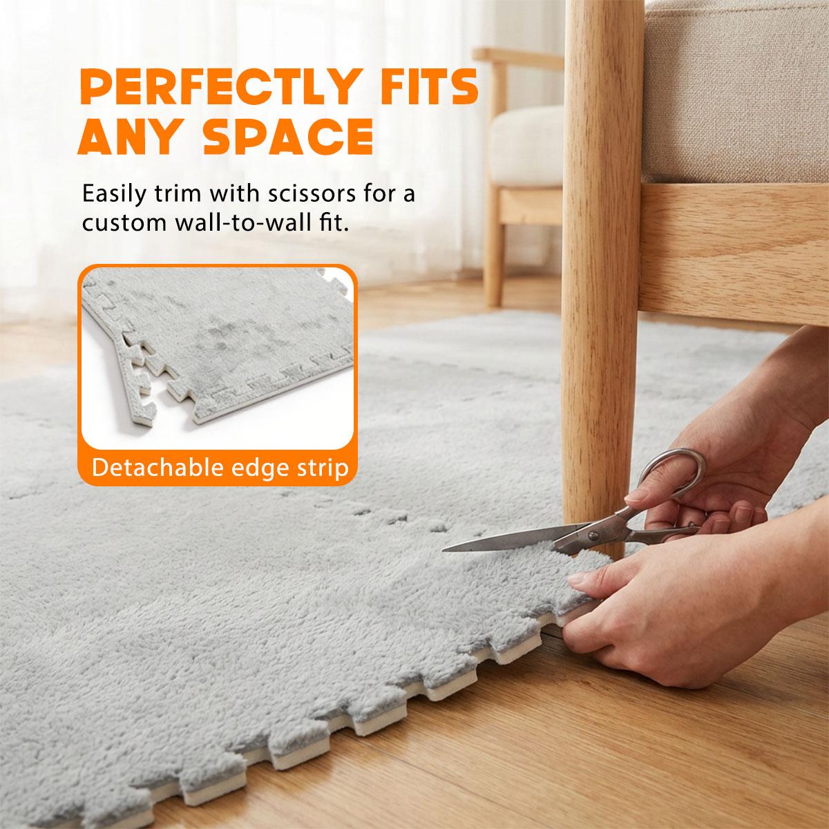 Grey Fluffy Play Mat Tiles (30cm x 30cm / 11.8” x 11.8”) – Anti-Slip, Easy-Clean, Soft EVA Foam Flooring for Kids, Pets, Playroom & Home Decor