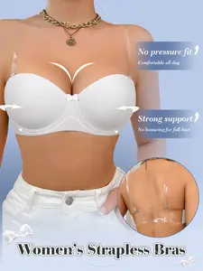Women's Strapless Push-Up Bra Seamless, Invisible Bra with Clear Straps and Removable Straps Suitable for Everyday Wear