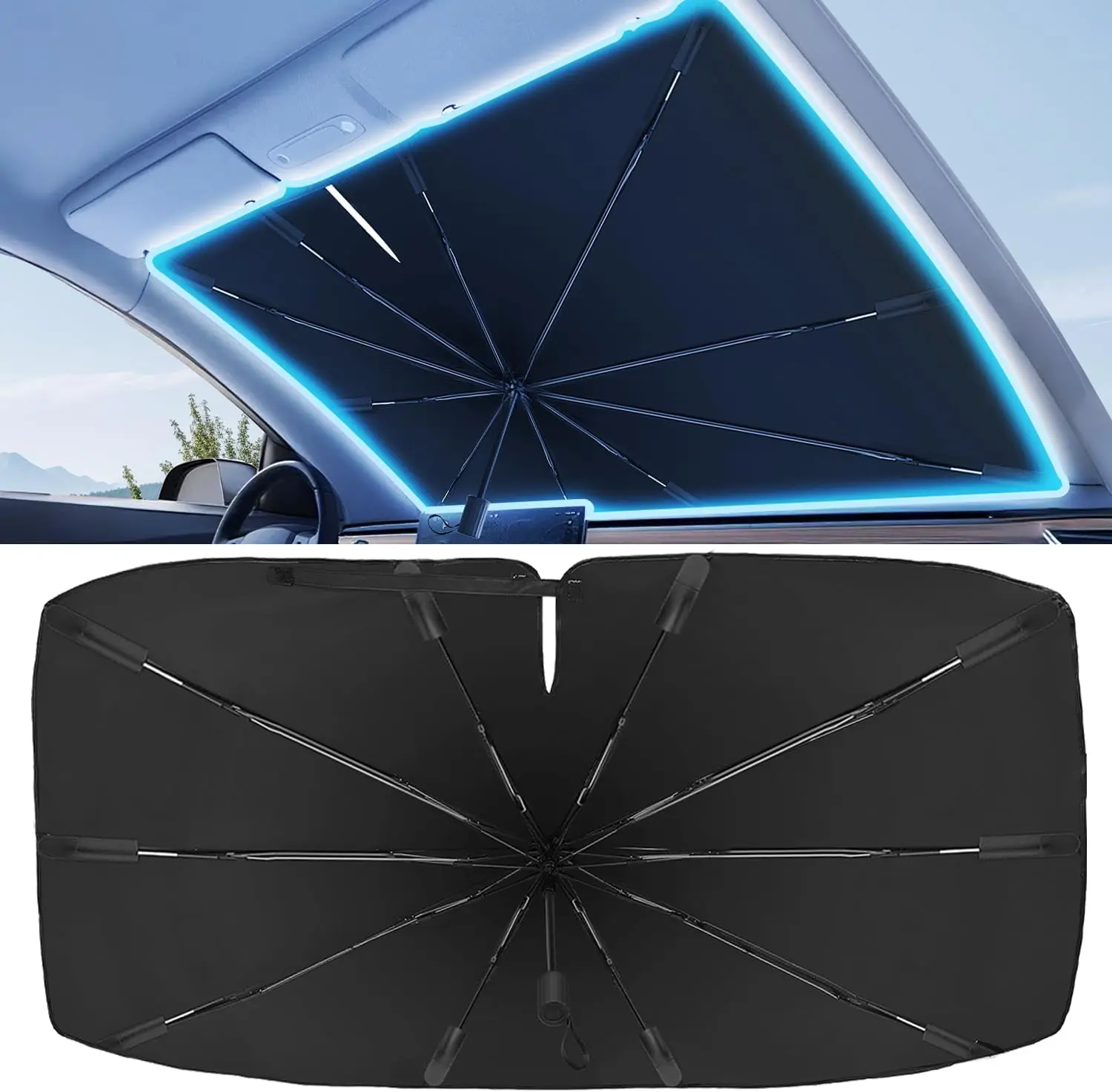 【VibeCross】Foldable Anti-UV Windshield Sunshade, Multipurpose Car Front Window Heat Protective Umbrella for Sedan SUVs, Automotive Exterior Accessories for Men & Women, Car Stuff, Vehicle