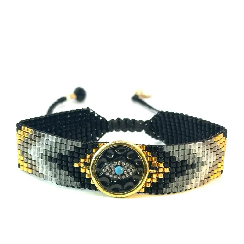 Women's Miyuki Beads Central Eye Bangle - Handcrafted Black-Gold Beads Bracelet, Colombian Craftsmanship Daily Statement Costume Jewelry for Females, Art, Elegant