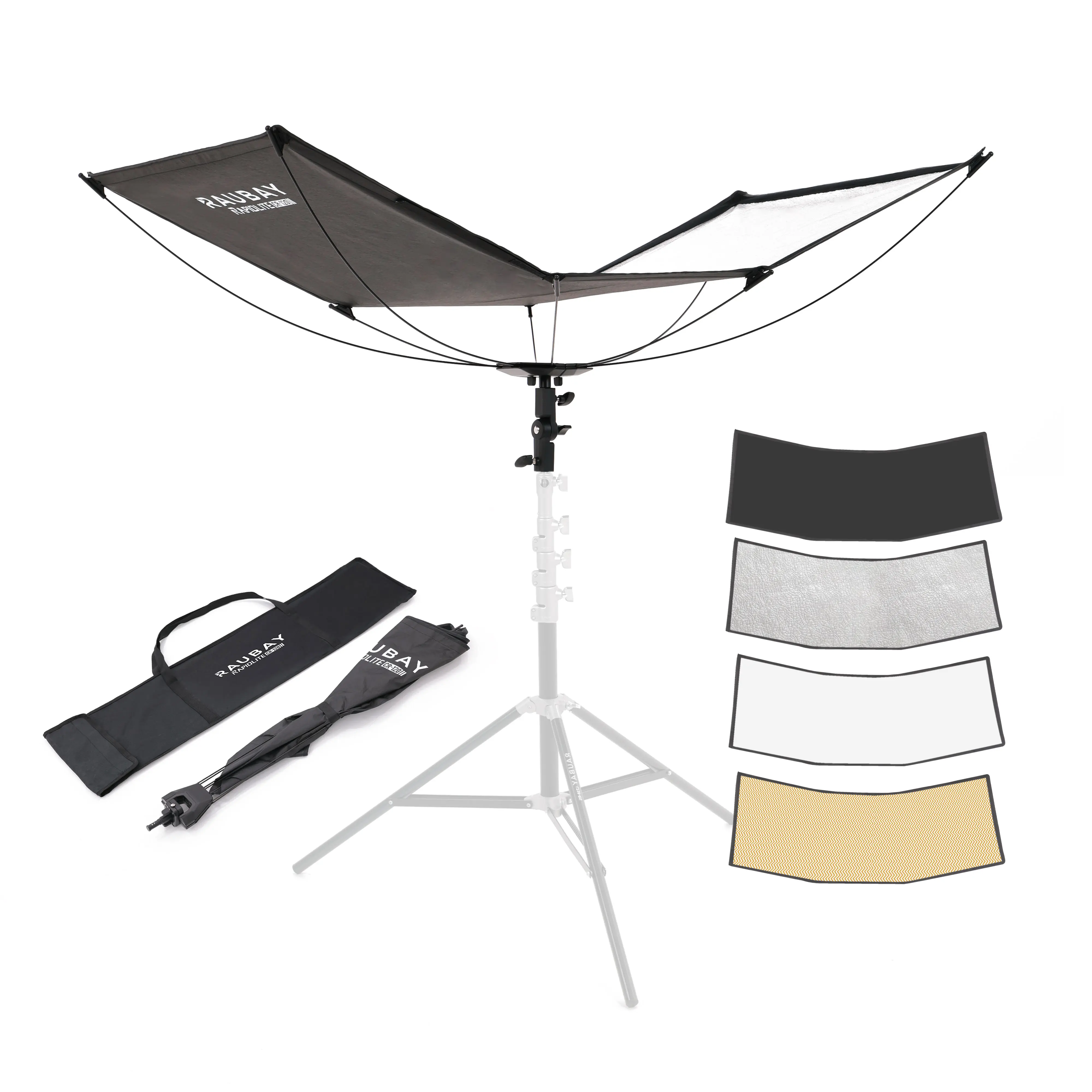 RAUBAY Rapidlite Quick-Open Curved Reflector CR-120, U-Shape Clamshell Light Reflector with 48in x 26in Photography Diffuser for Studio Portrait & Video Shooting, 4-in-1 Black/White/Silver/Gold, RAPIDLITE