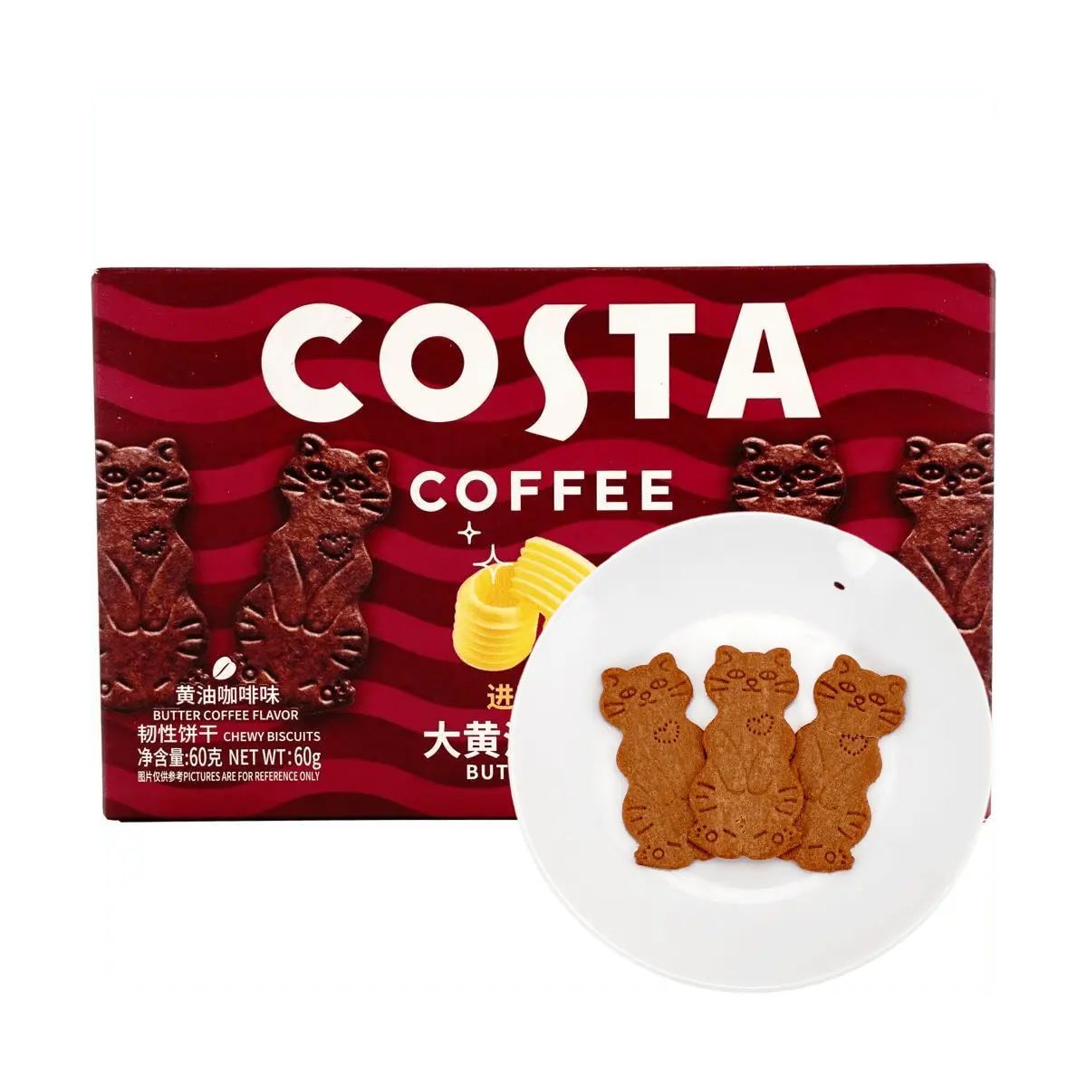 COSTA Butter Cat Cookies - Creamy Butter Coffee Flavor, 60g Pack - Adorable Kitty Shaped Snacks, Viral Internet Sensation