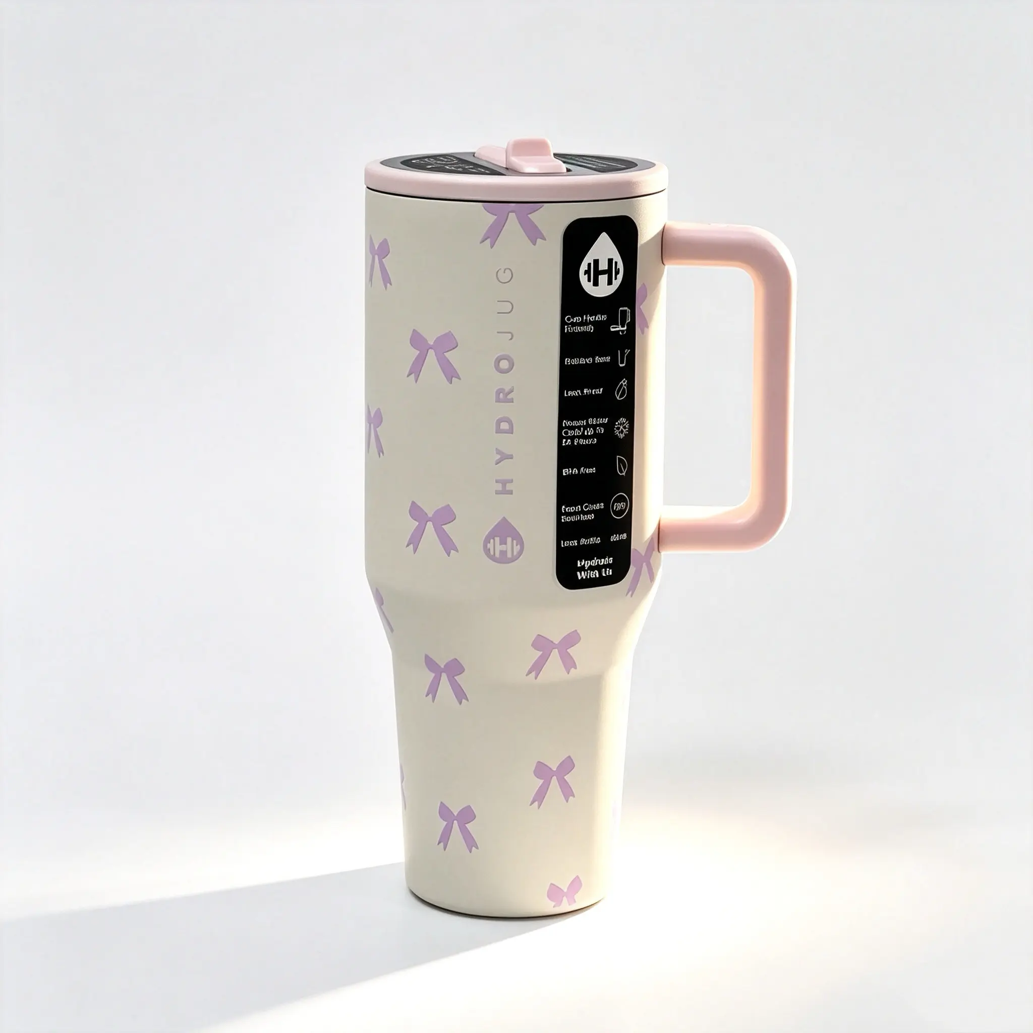 HydroJug 40oz Stainless Steel Insulated Water Bottle - Pink Bow Print, Ergonomic Handle, BPA-Free, Leak-Proof, 1000-2000 ml, 7-12H Vacuum Retention, Drinkware Stylish Flasks for Adult Sports/Outdoor Use