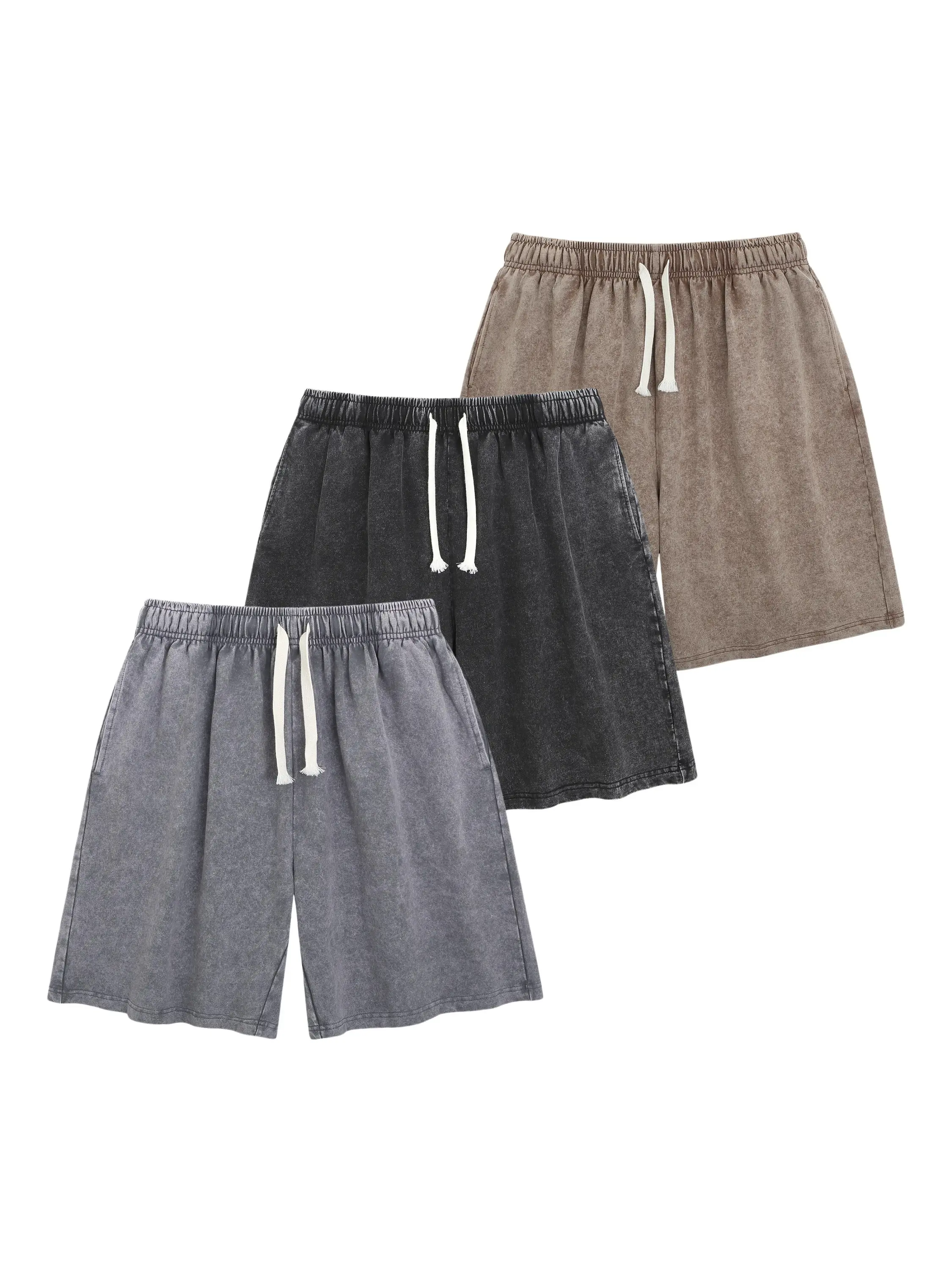 3-Pack Washed Denim Shorts, Elastic Drawstring Waist Baggy Wide-Leg Jean Shorts, Retro 90s Streetwear Casual Shorts Set everyday outdoor activity fathersdaygift grey