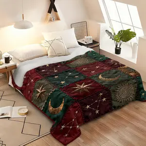 1 Sun-Moon-Stars Patchwork Printed Flannel Throw Blanket Soft, warm, versatile for sofa beds Office camping All-Season Gift Travel Blanket