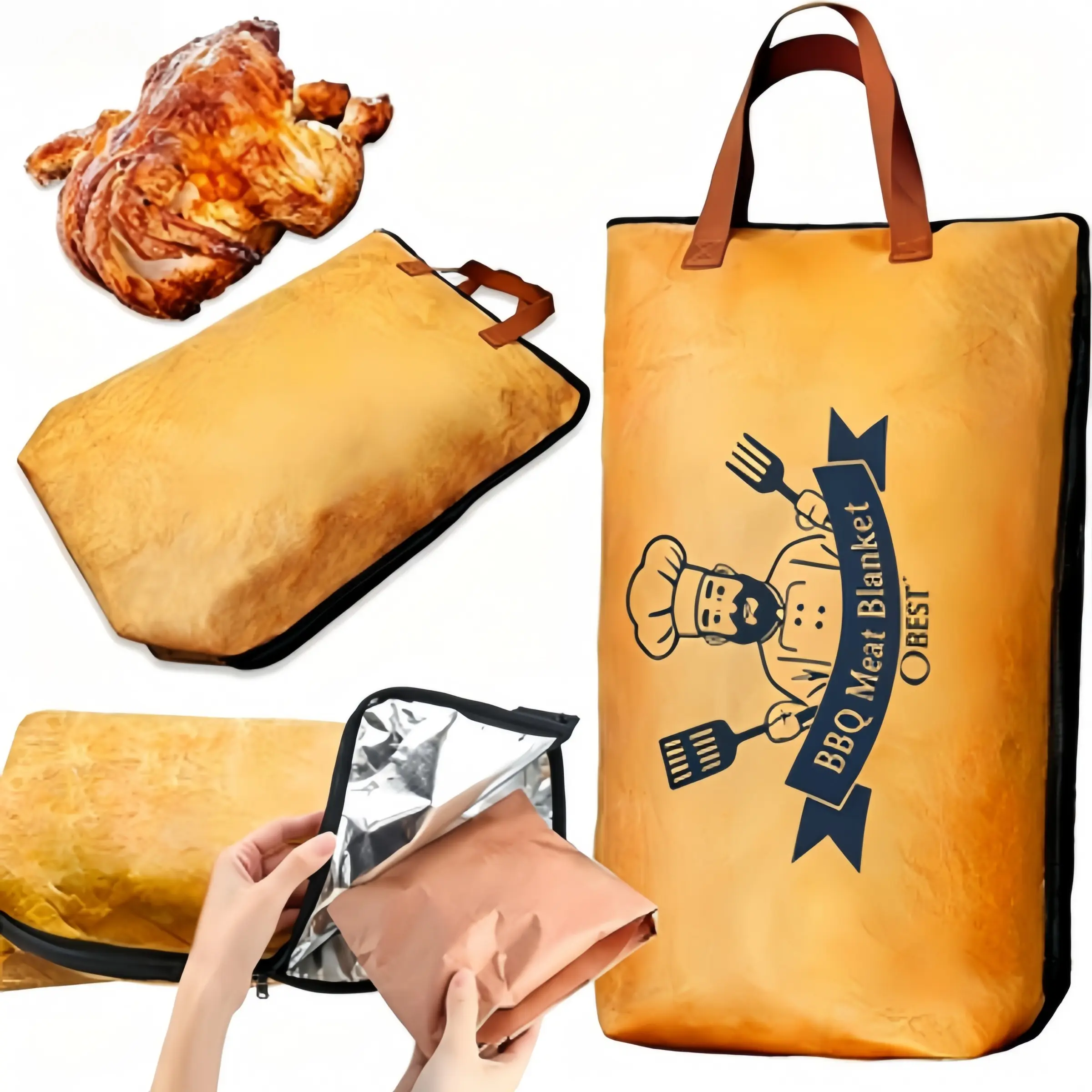 5-Layer Insulated BBQ Meat Resting Blanket 21 Inch Brown Aluminum Bag with Handle Waterproof Oilproof Thermal Insulation for Briskets Steaks Outdoor Grill Camping Gift for Grill Lovers, Barbecue Accessories, Outdoor Grill Accessories